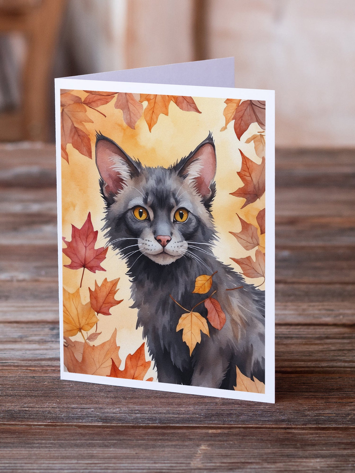 Lykoi Cat in Fall Leaves Greeting Cards Pack of 8