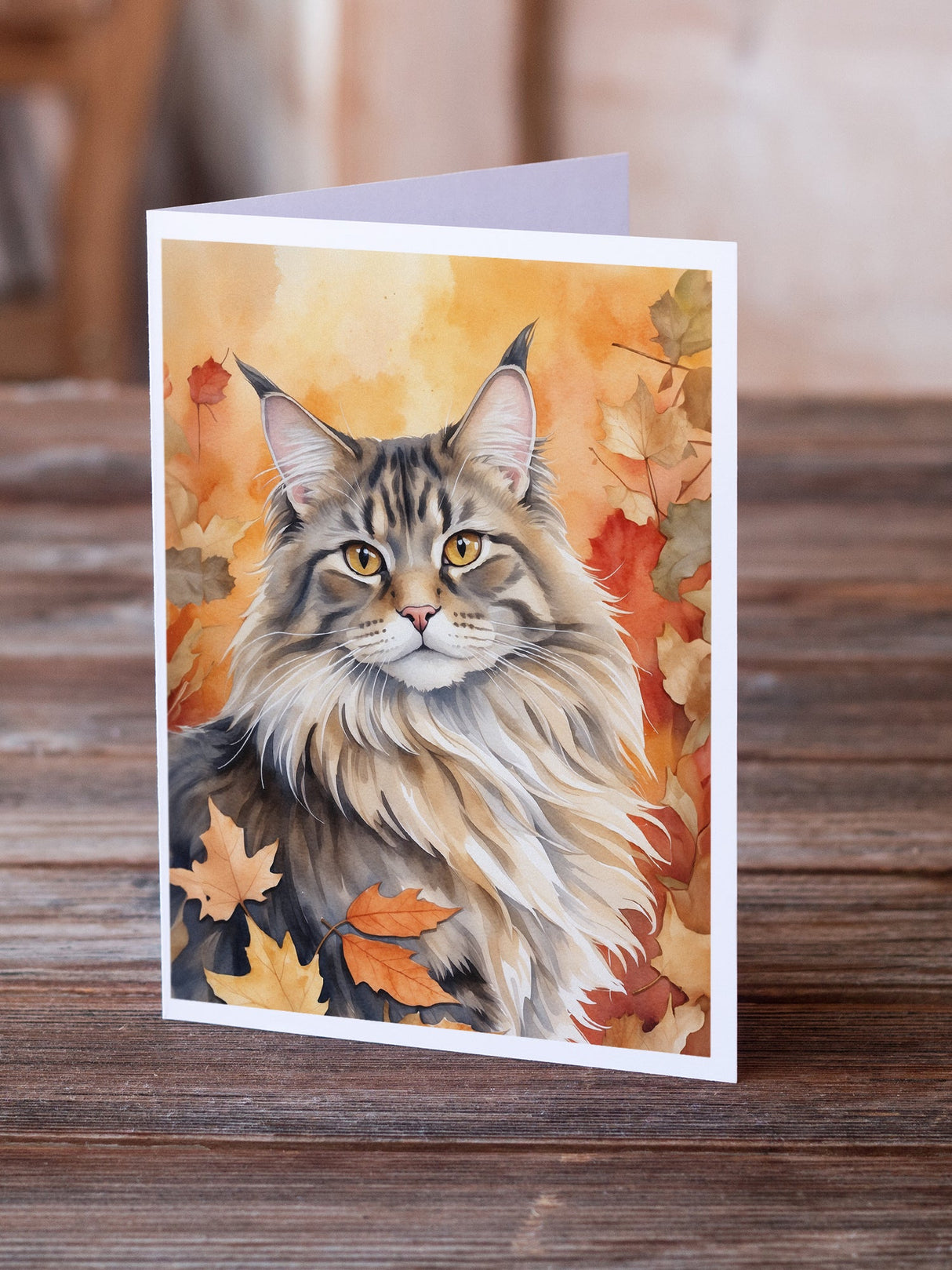 MaineCoon Cat in Fall Leaves Greeting Cards Pack of 8