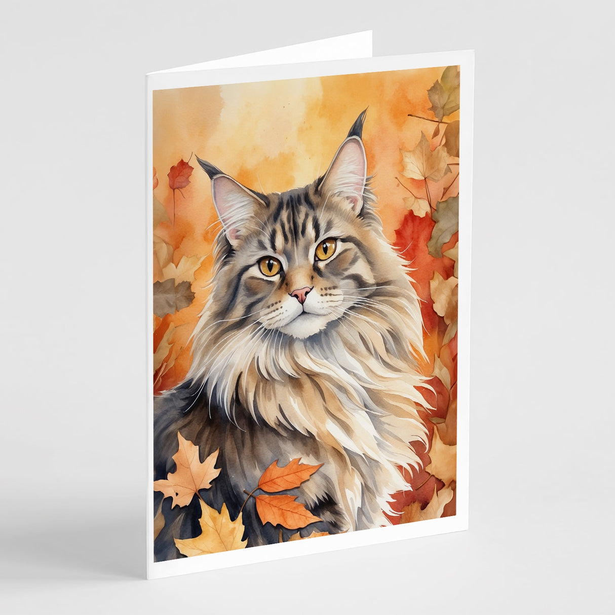 MaineCoon Cat in Fall Leaves Greeting Cards Pack of 8