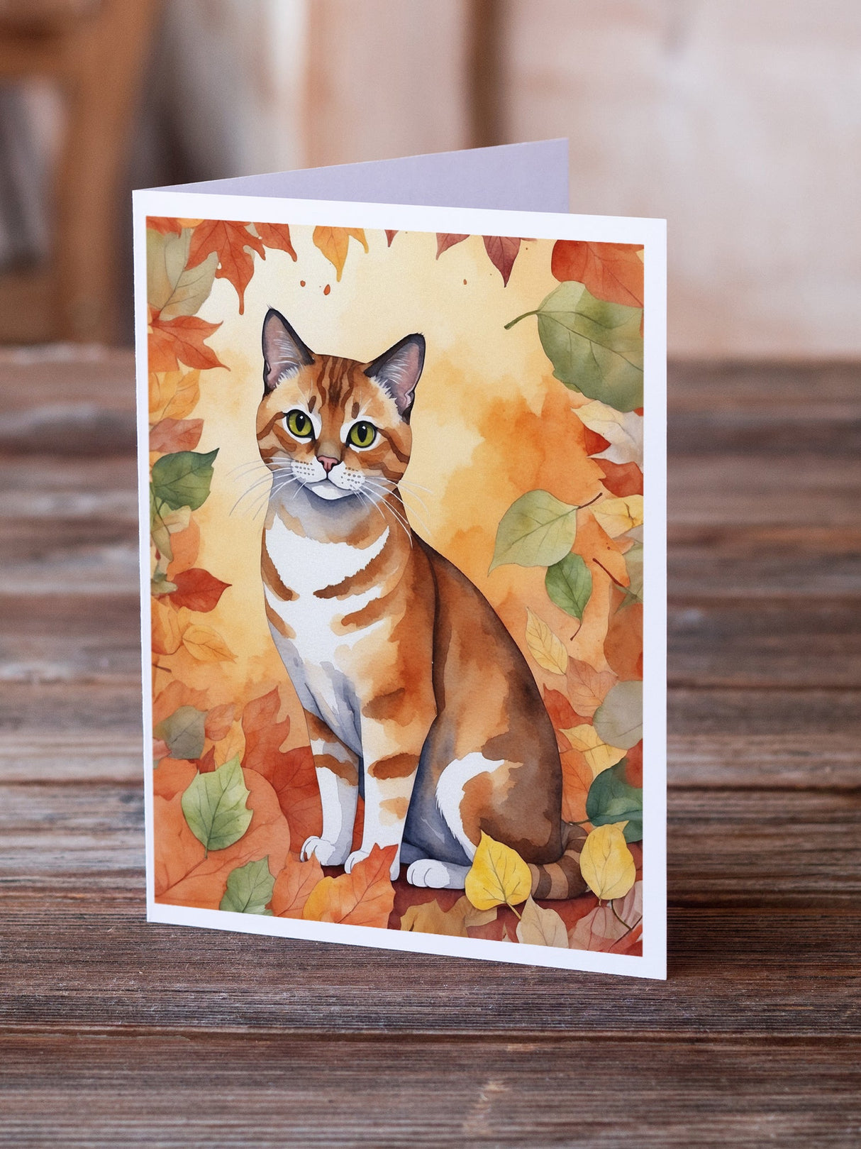 Malayan Cat in Fall Leaves Greeting Cards Pack of 8