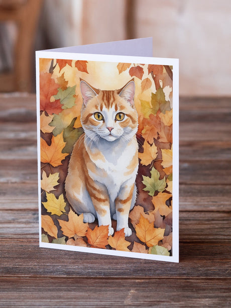 Manx Cat in Fall Leaves Greeting Cards Pack of 8