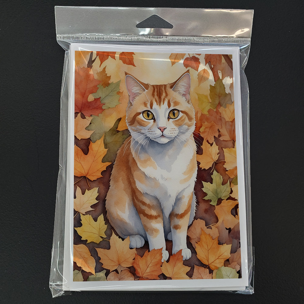 Manx Cat in Fall Leaves Greeting Cards Pack of 8