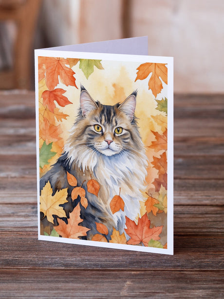 Norwegian Forest Cat in Fall Leaves Greeting Cards Pack of 8