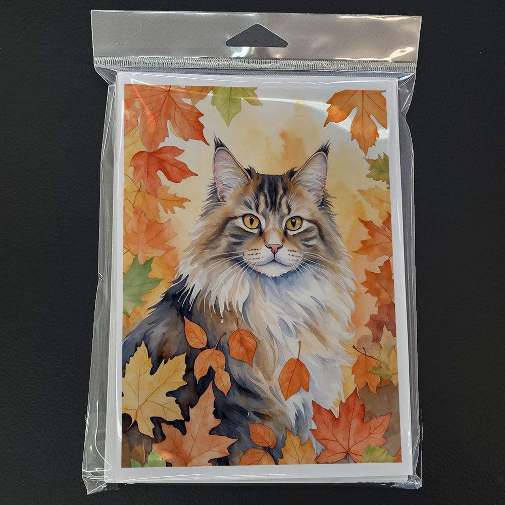 Norwegian Forest Cat in Fall Leaves Greeting Cards Pack of 8