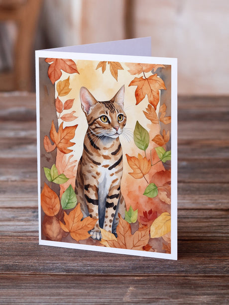 Ocicat Cat in Fall Leaves Greeting Cards Pack of 8