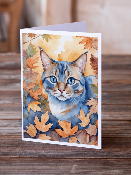 Ojos Azules Cat in Fall Leaves Greeting Cards Pack of 8