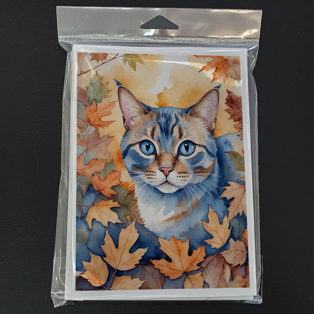 Ojos Azules Cat in Fall Leaves Greeting Cards Pack of 8