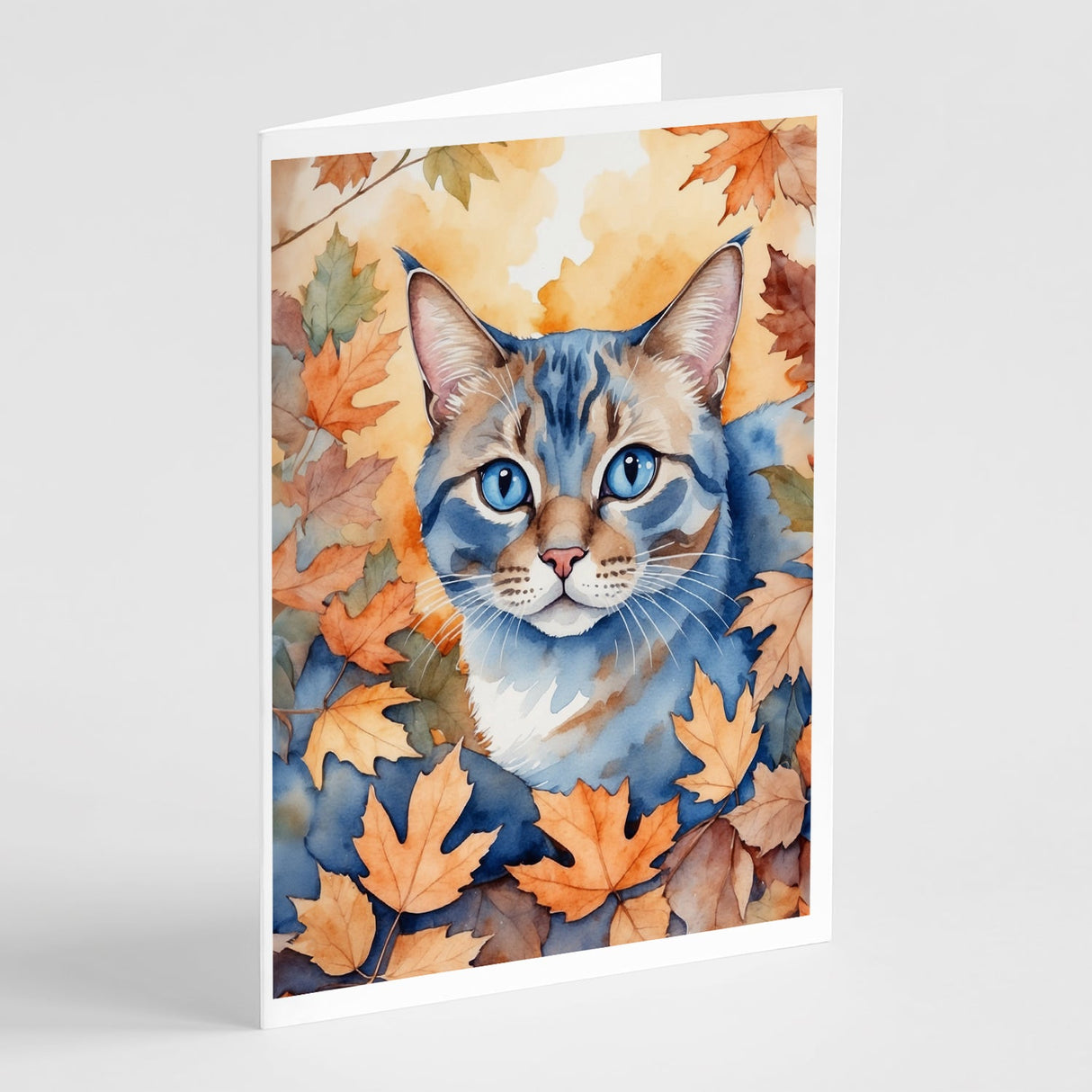 Ojos Azules Cat in Fall Leaves Greeting Cards Pack of 8