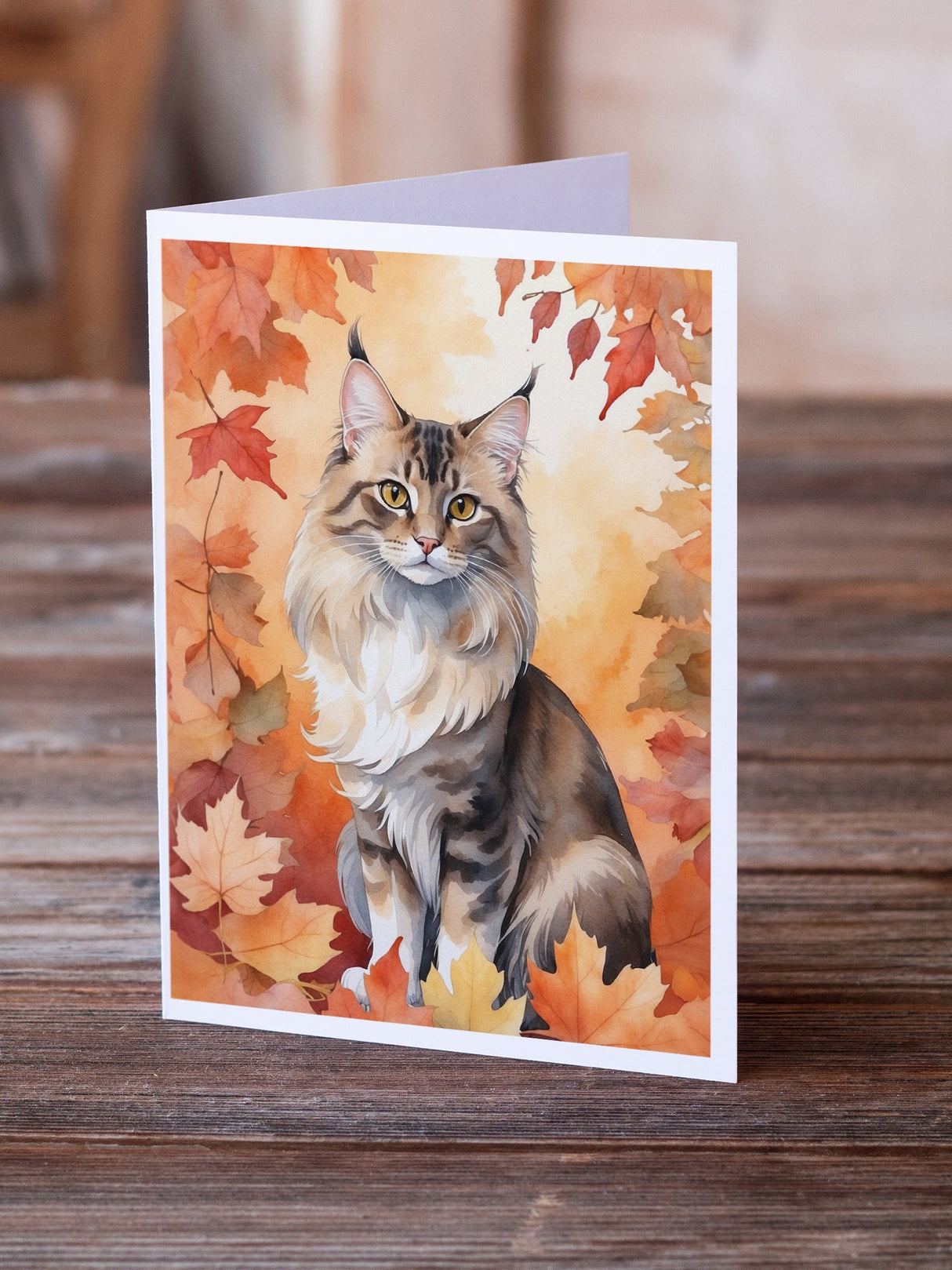 Oriental Longhair Cat in Fall Leaves Greeting Cards Pack of 8