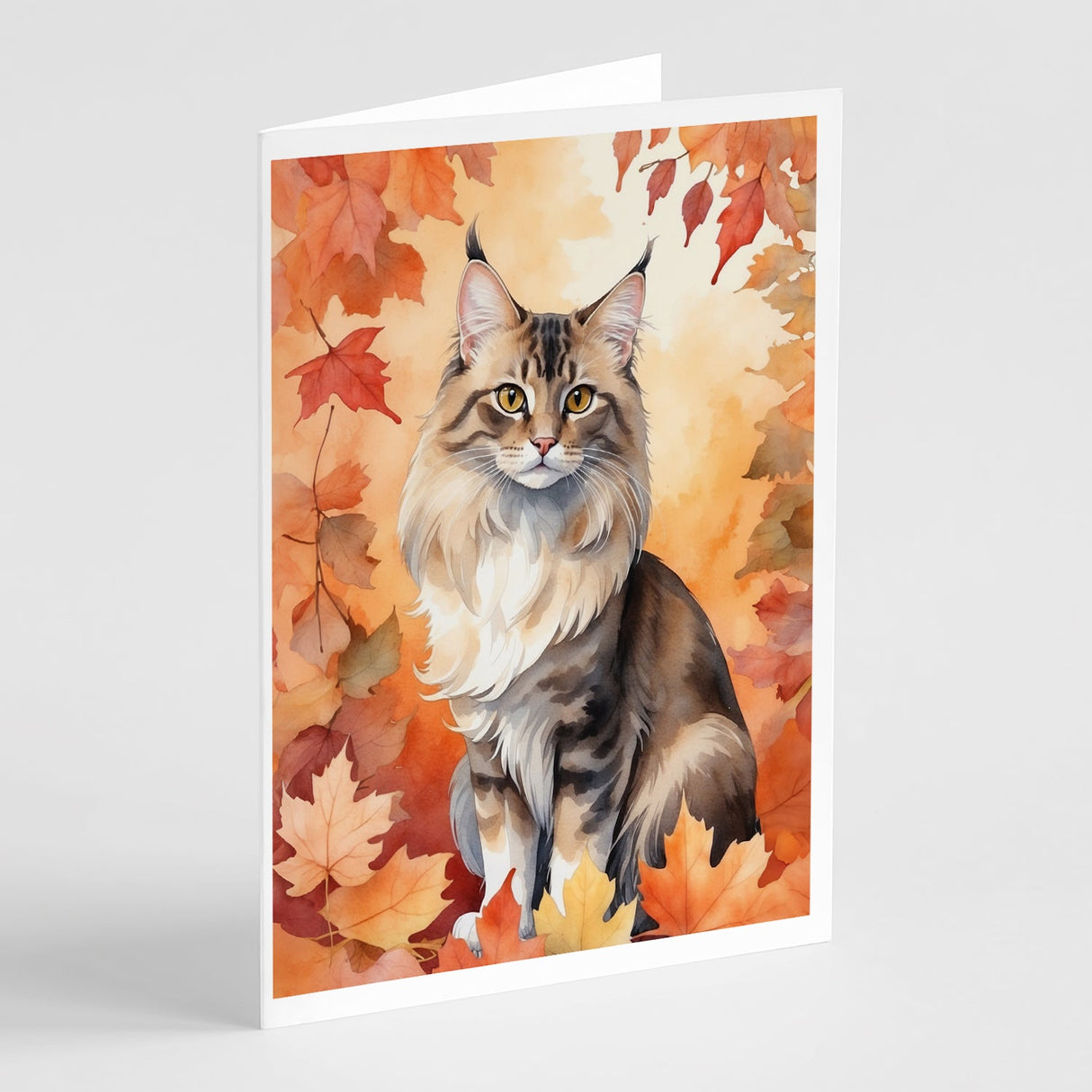 Oriental Longhair Cat in Fall Leaves Greeting Cards Pack of 8