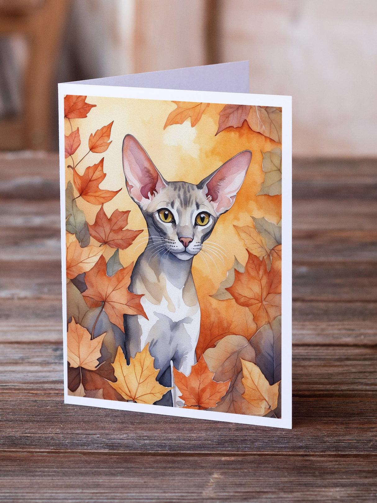 Oriental Shorthair Cat in Fall Leaves Greeting Cards Pack of 8