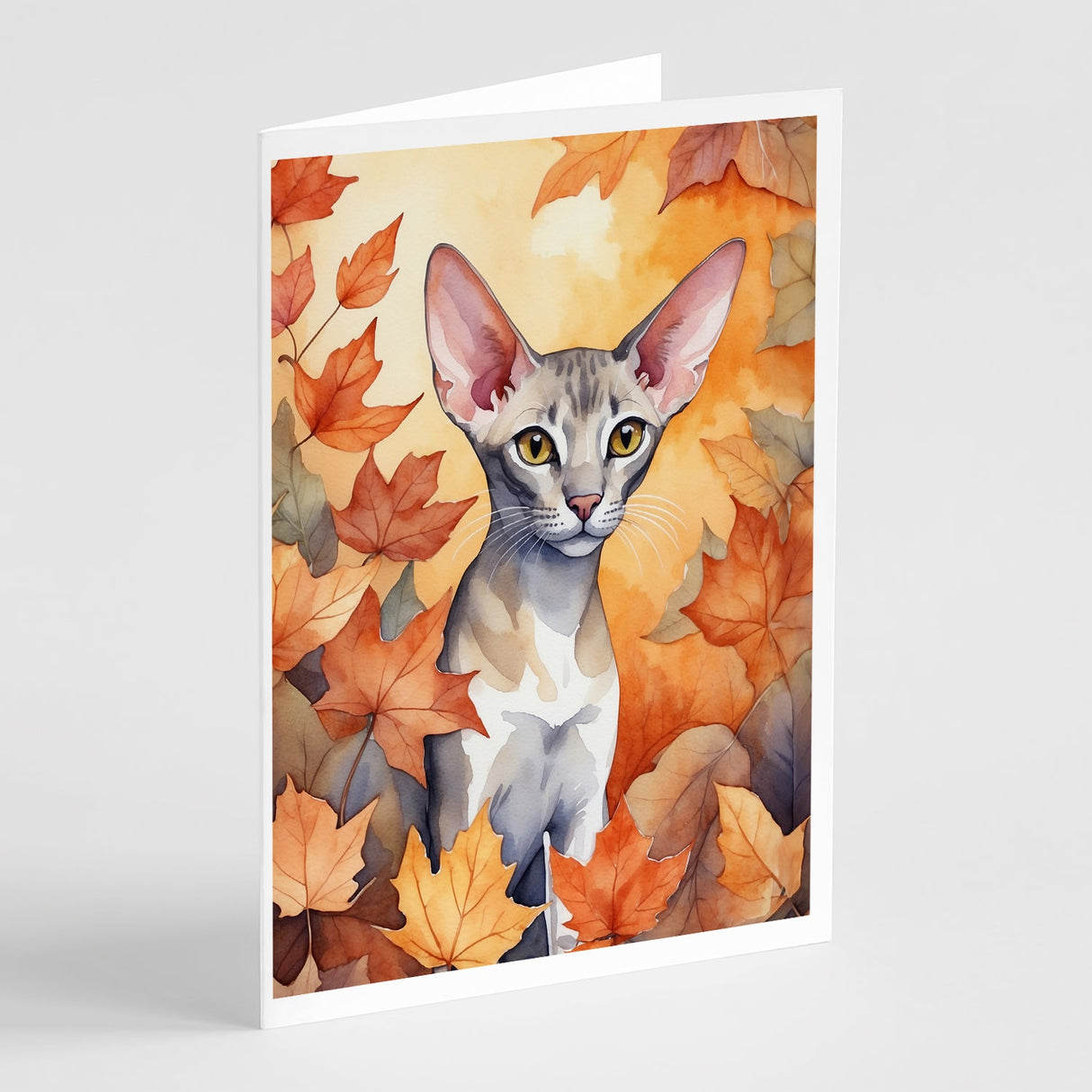 Oriental Shorthair Cat in Fall Leaves Greeting Cards Pack of 8