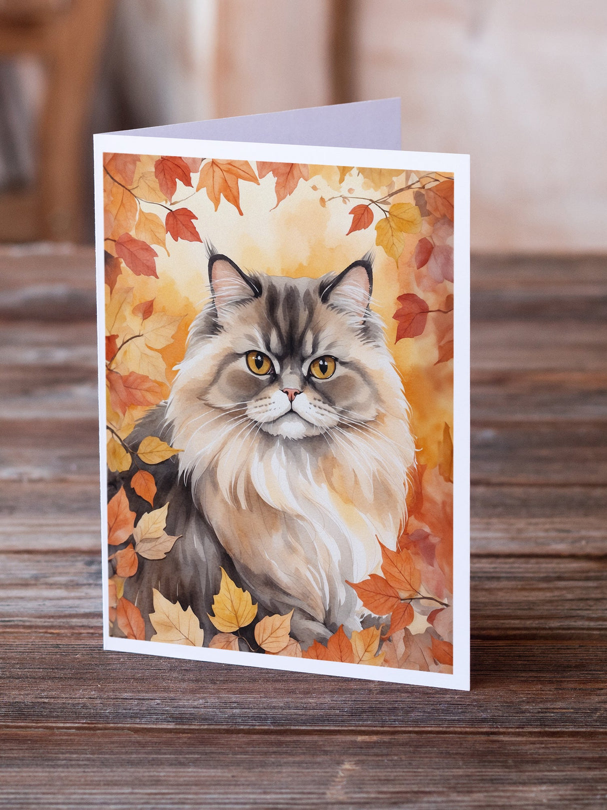 Persian Cat in Fall Leaves Greeting Cards Pack of 8