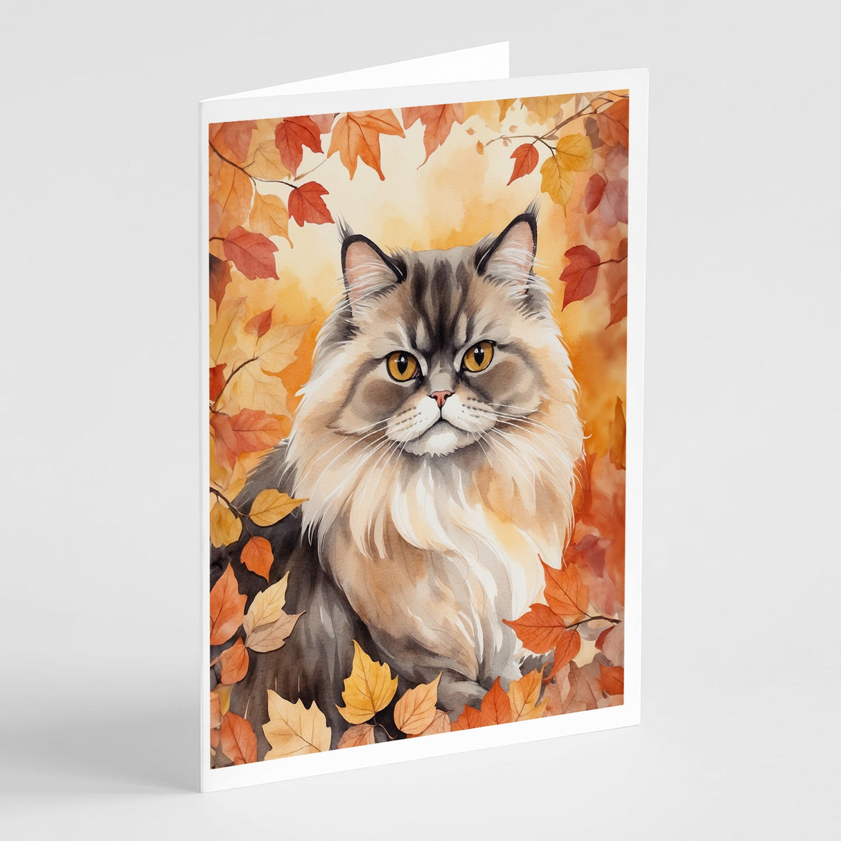 Persian Cat in Fall Leaves Greeting Cards Pack of 8