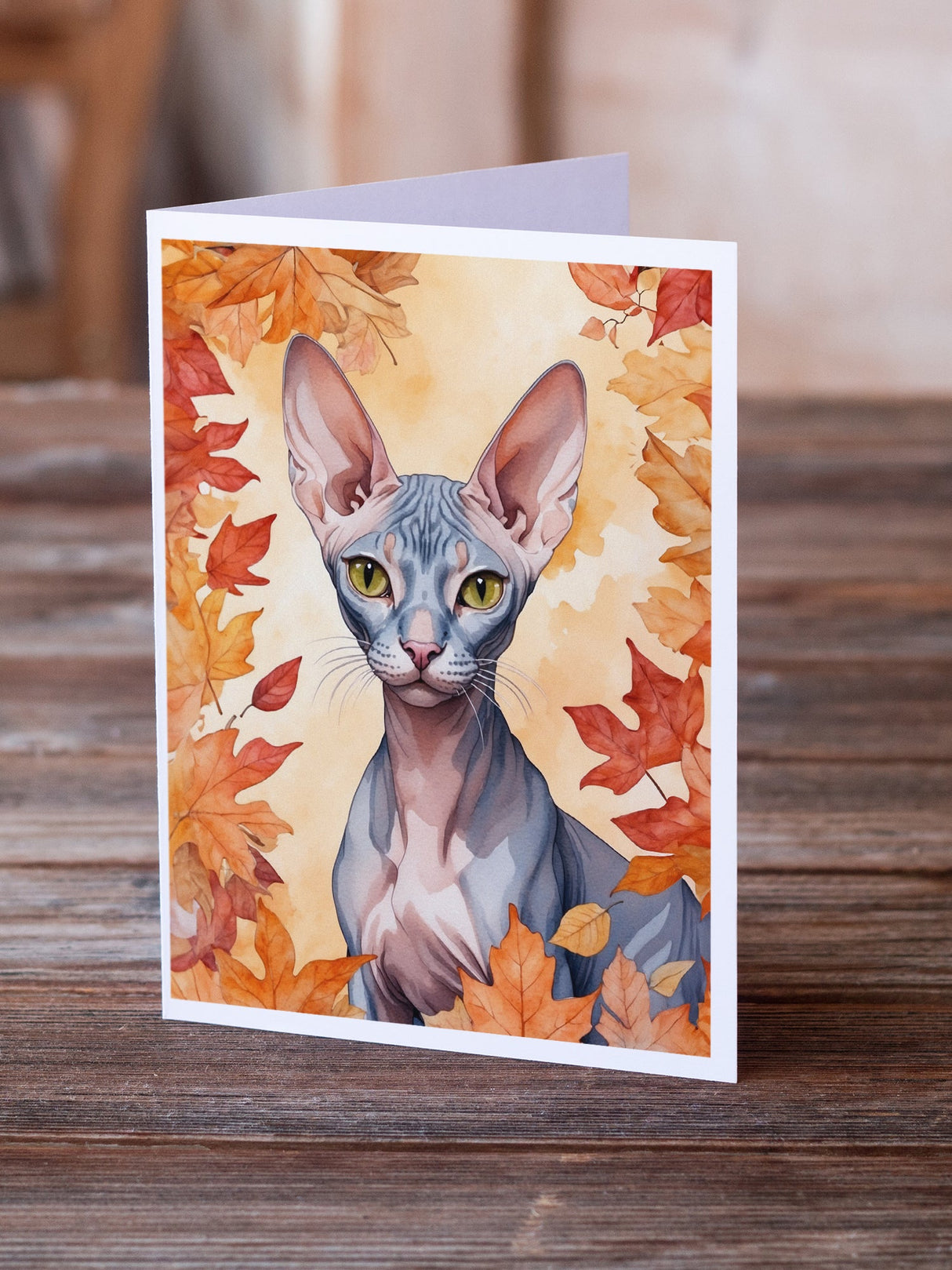 Peterbald Cat in Fall Leaves Greeting Cards Pack of 8