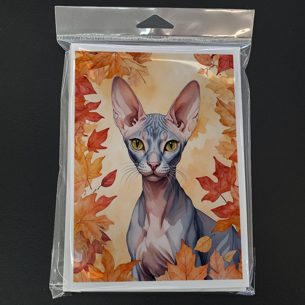 Peterbald Cat in Fall Leaves Greeting Cards Pack of 8