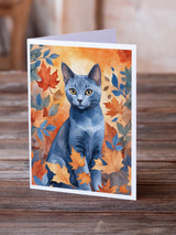 Russian Blue Cat in Fall Leaves Greeting Cards Pack of 8