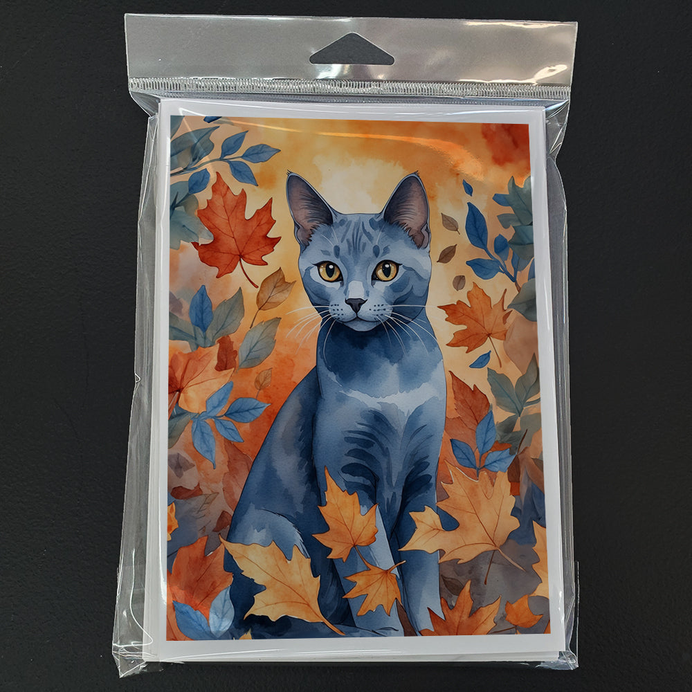 Russian Blue Cat in Fall Leaves Greeting Cards Pack of 8