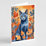 Russian Blue Cat in Fall Leaves Greeting Cards Pack of 8