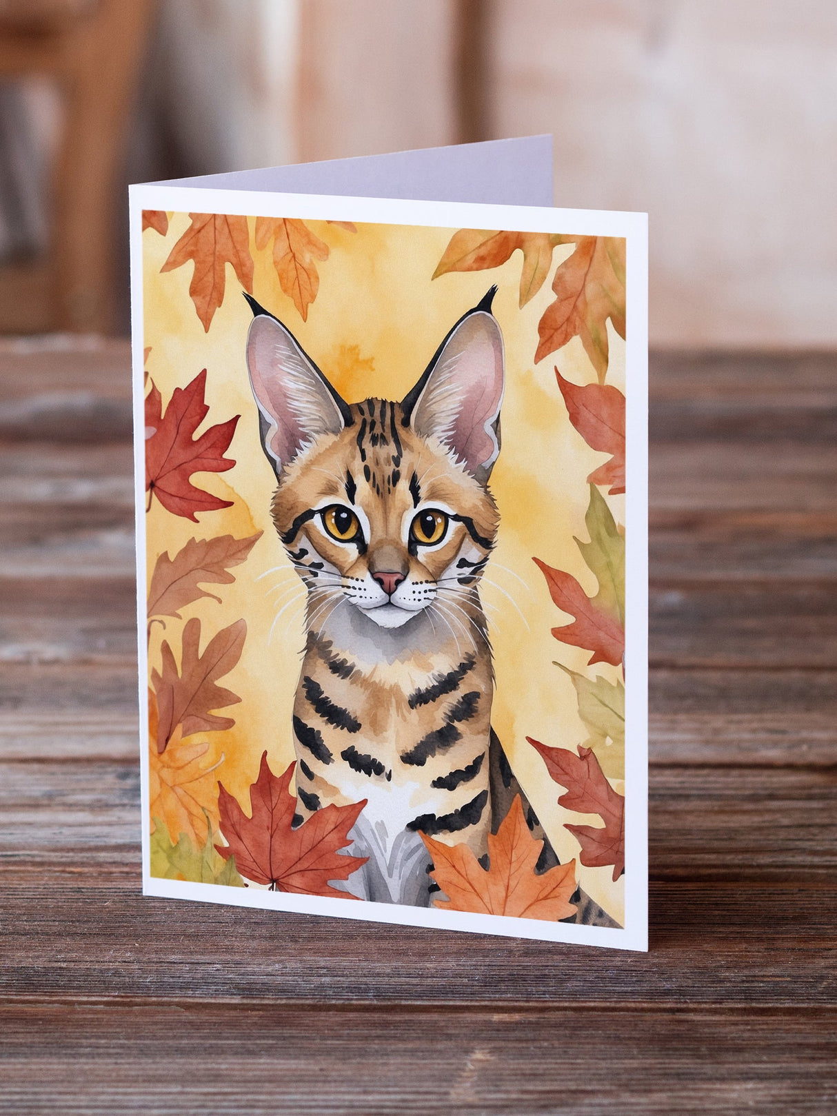 Savannah Cat in Fall Leaves Greeting Cards Pack of 8