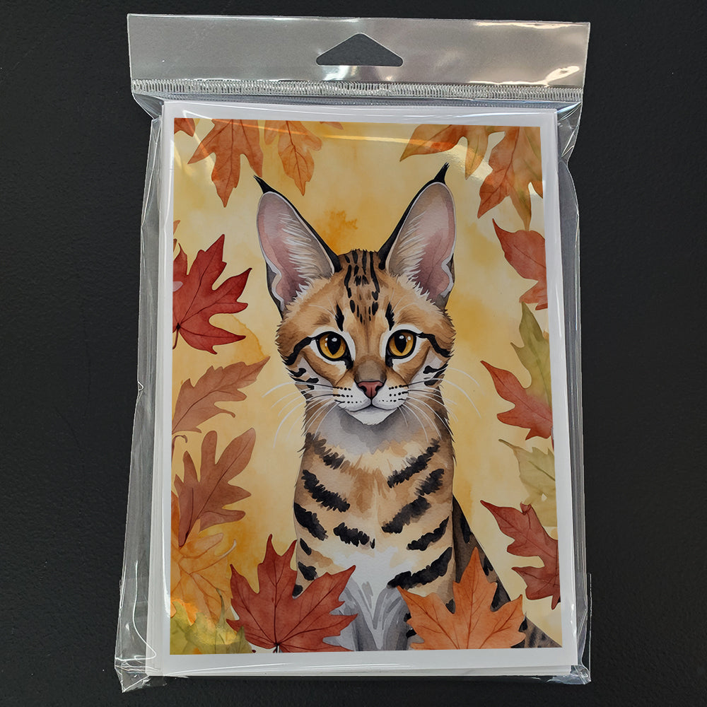 Savannah Cat in Fall Leaves Greeting Cards Pack of 8