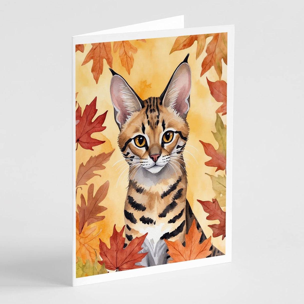 Savannah Cat in Fall Leaves Greeting Cards Pack of 8