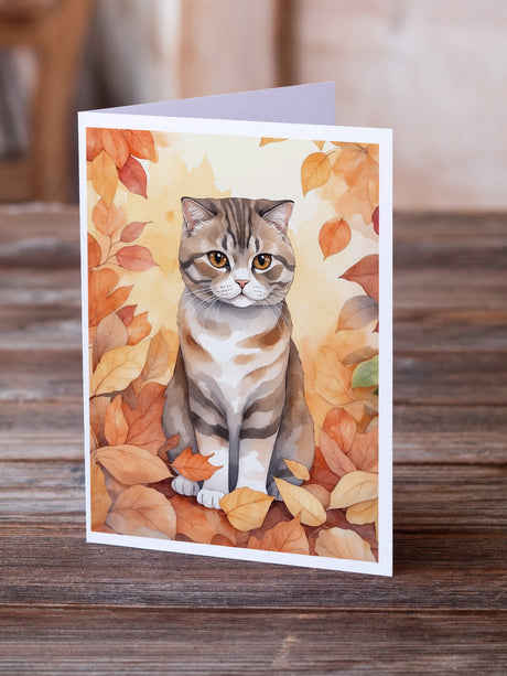 Scottish Fold Cat in Fall Leaves Greeting Cards Pack of 8