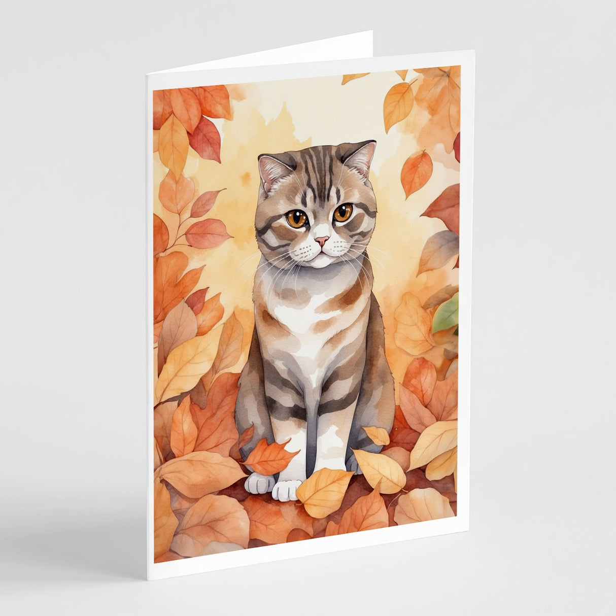 Scottish Fold Cat in Fall Leaves Greeting Cards Pack of 8