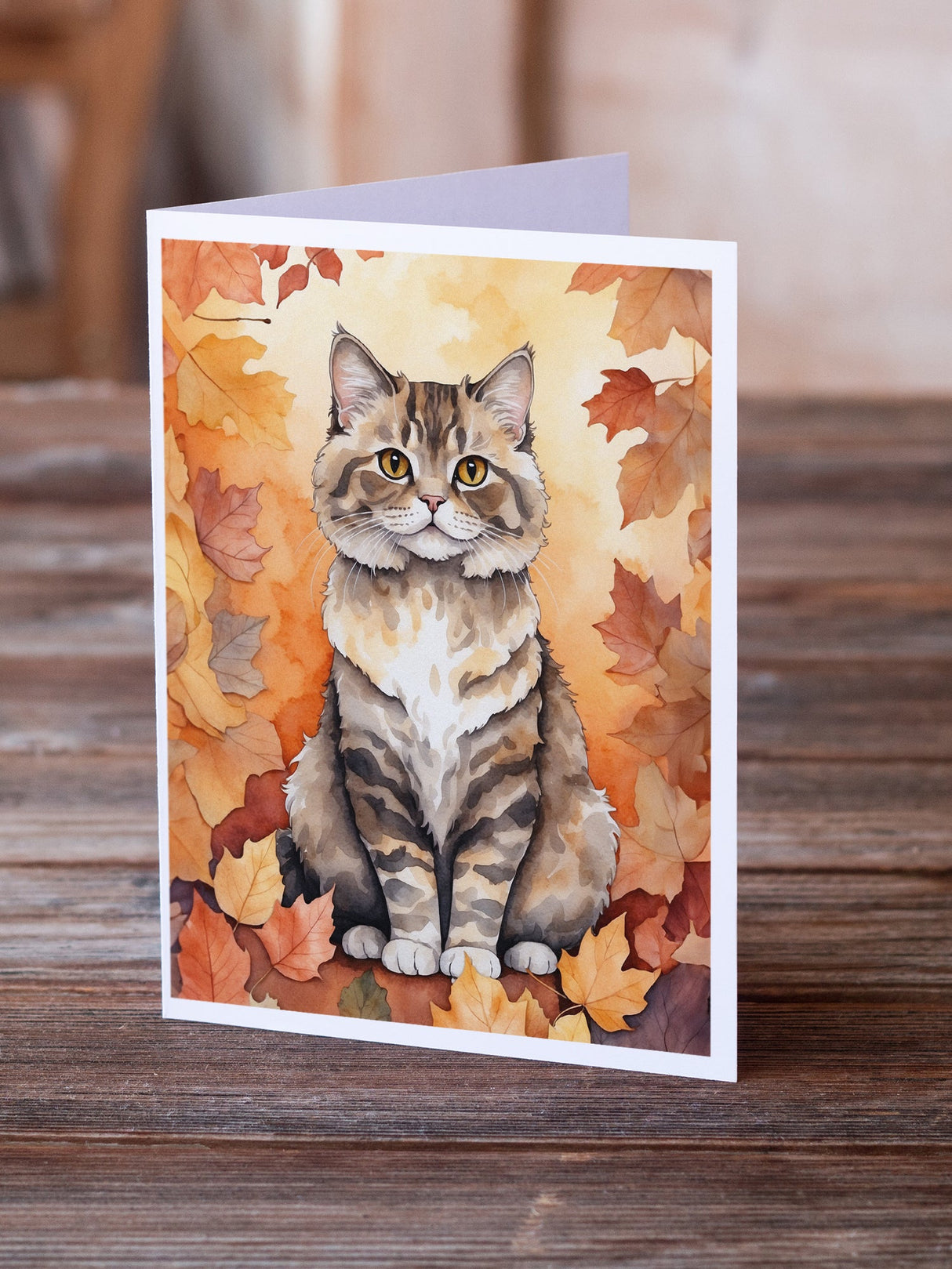 Selkirk Rex Cat in Fall Leaves Greeting Cards Pack of 8