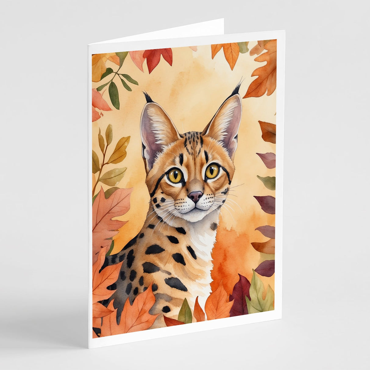 Serengeti Cat in Fall Leaves Greeting Cards Pack of 8