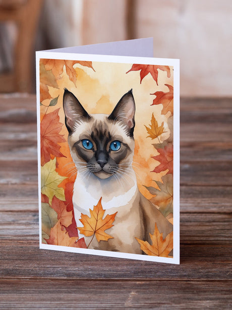 Siamese Cat in Fall Leaves Greeting Cards Pack of 8