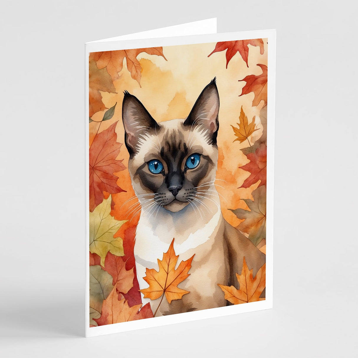 Siamese Cat in Fall Leaves Greeting Cards Pack of 8