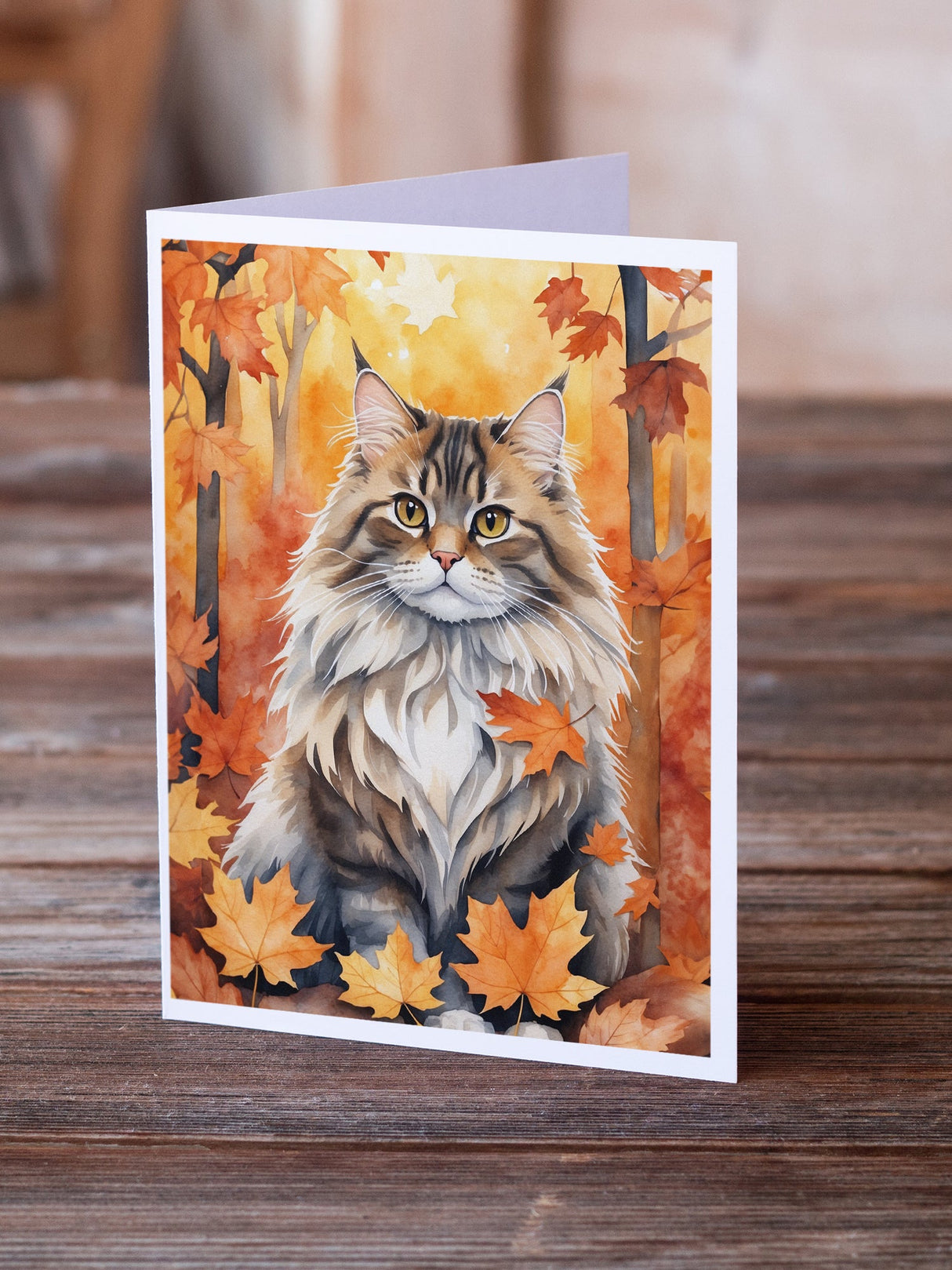 Siberian Cat in Fall Leaves Greeting Cards Pack of 8