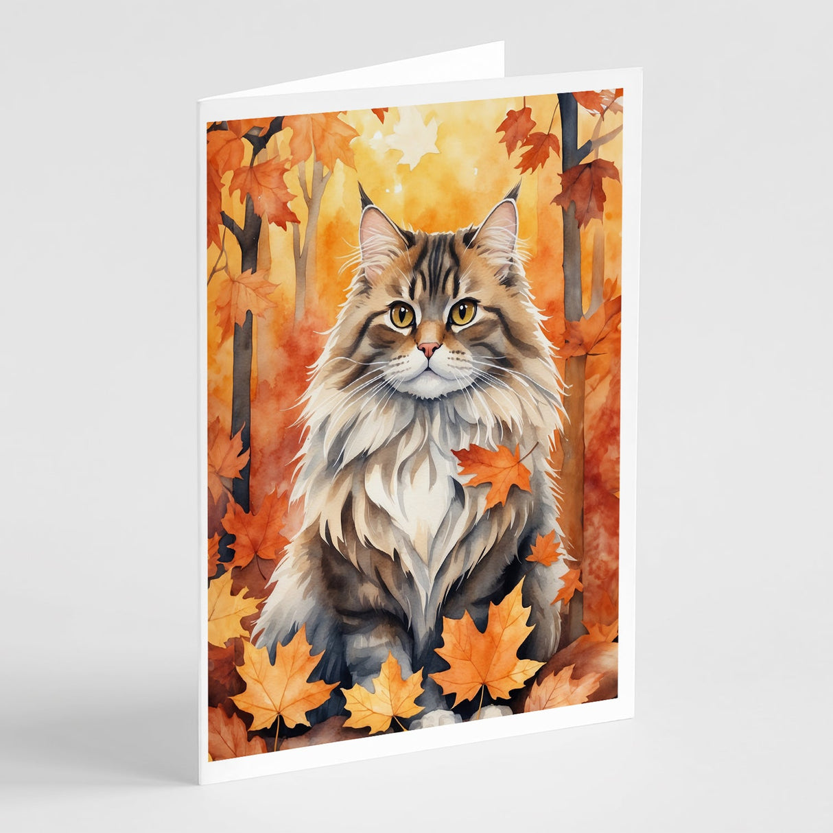 Siberian Cat in Fall Leaves Greeting Cards Pack of 8