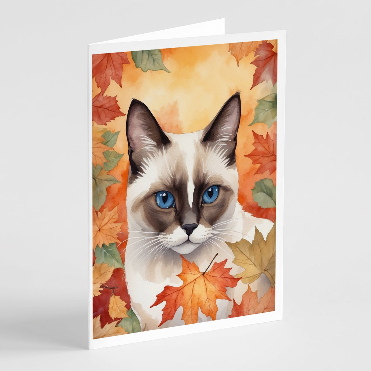 Snowshoe Cat in Fall Leaves Greeting Cards Pack of 8