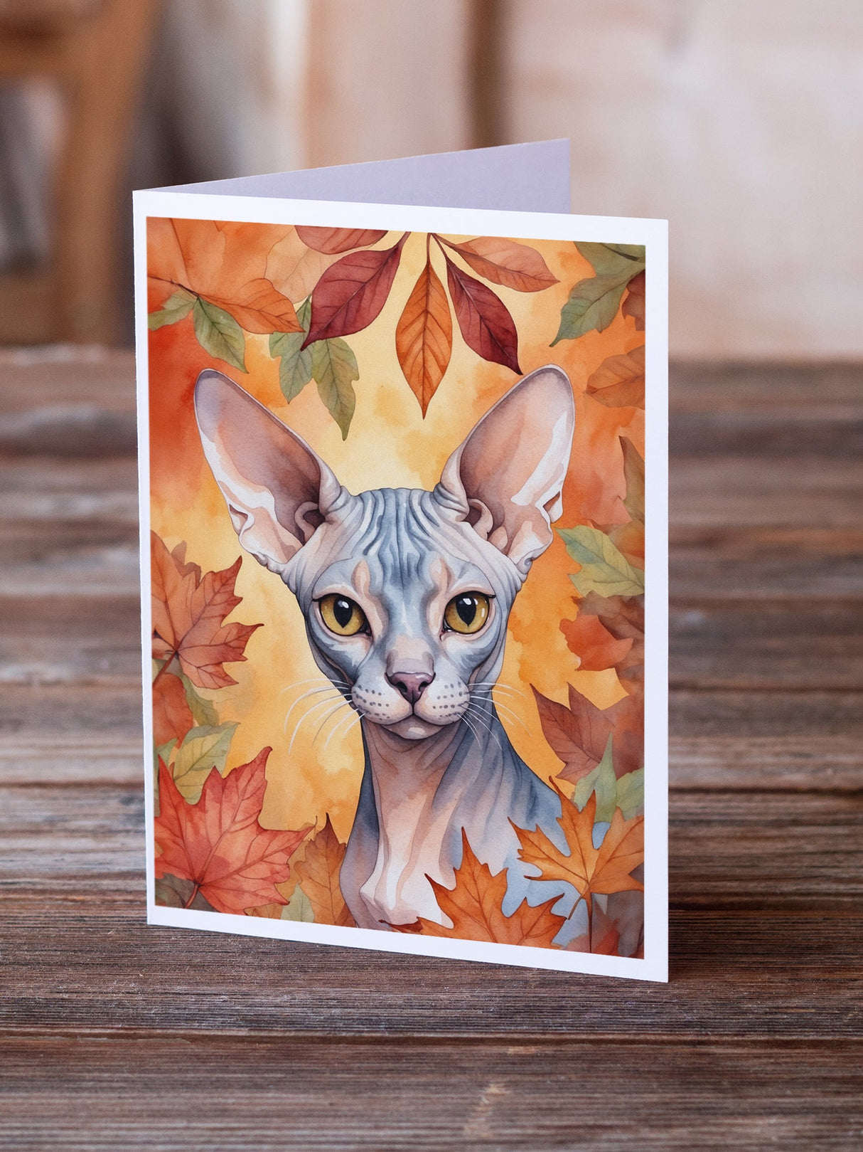 Sphynx Cat in Fall Leaves Greeting Cards Pack of 8