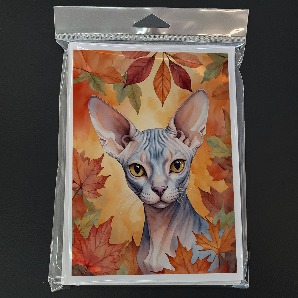 Sphynx Cat in Fall Leaves Greeting Cards Pack of 8