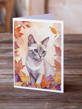 Thai Lilac Cat in Fall Leaves Greeting Cards Pack of 8