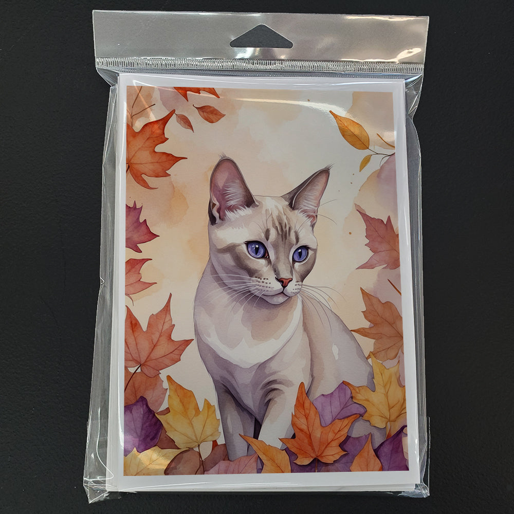 Thai Lilac Cat in Fall Leaves Greeting Cards Pack of 8