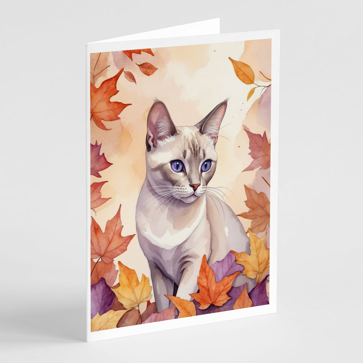 Thai Lilac Cat in Fall Leaves Greeting Cards Pack of 8