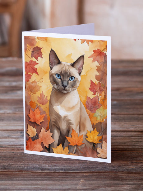 Tonkinese Cat in Fall Leaves Greeting Cards Pack of 8