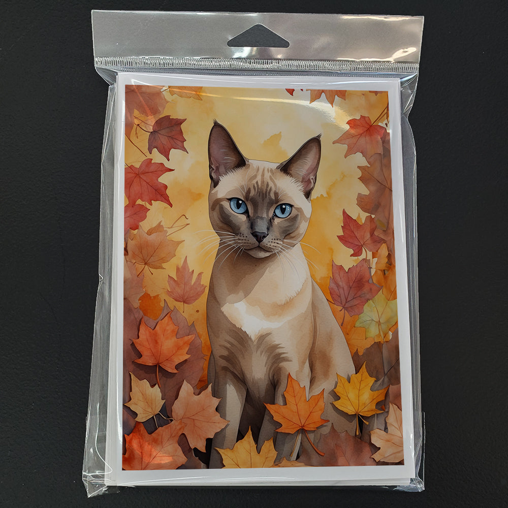 Tonkinese Cat in Fall Leaves Greeting Cards Pack of 8