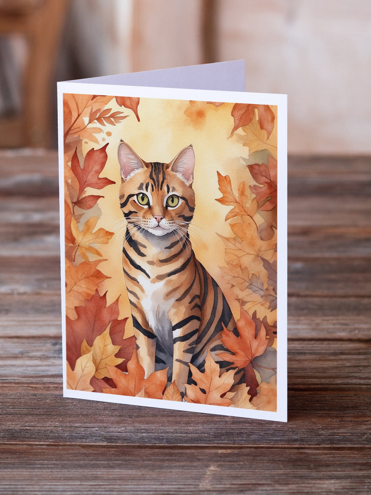 Toyger Cat in Fall Leaves Greeting Cards Pack of 8