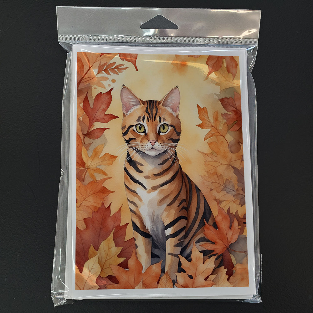 Toyger Cat in Fall Leaves Greeting Cards Pack of 8