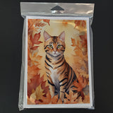 Toyger Cat in Fall Leaves Greeting Cards Pack of 8