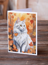 Turkish Angora Cat in Fall Leaves Greeting Cards Pack of 8