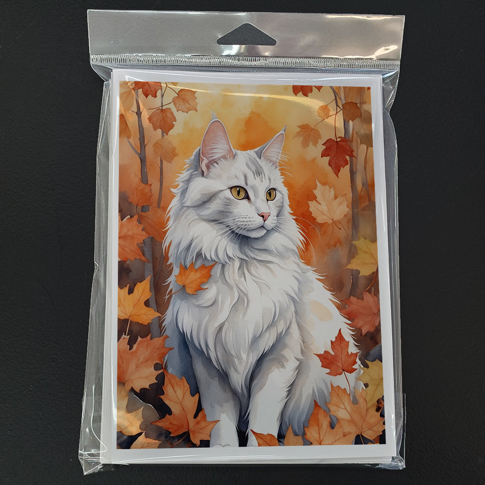 Turkish Angora Cat in Fall Leaves Greeting Cards Pack of 8