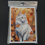 Turkish Angora Cat in Fall Leaves Greeting Cards Pack of 8