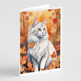 Turkish Angora Cat in Fall Leaves Greeting Cards Pack of 8