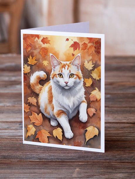 Turkish Van Cat in Fall Leaves Greeting Cards Pack of 8